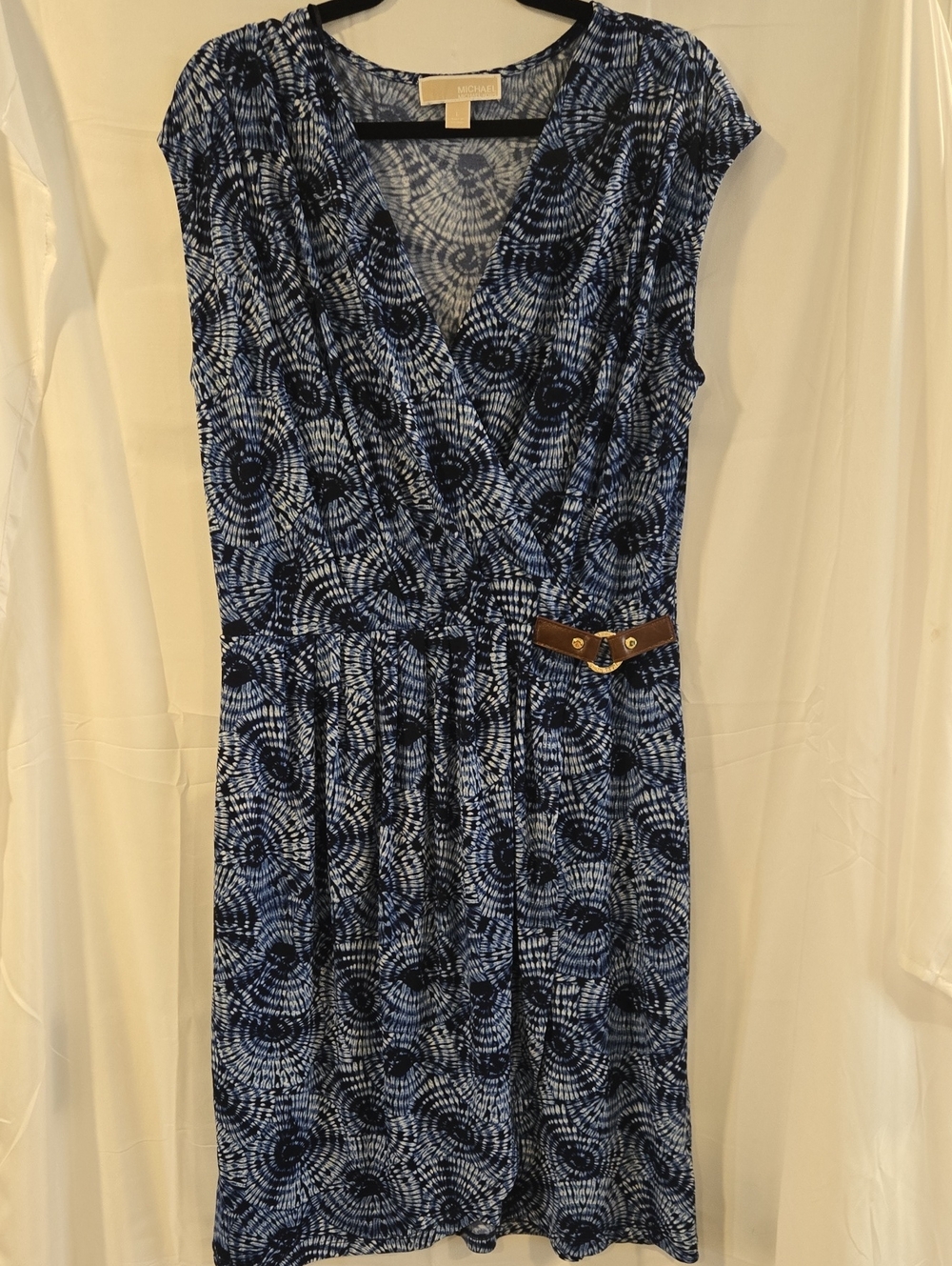 Michael Kors Blue & White Sunburst Faux-Wrap Dress with Belt Detail